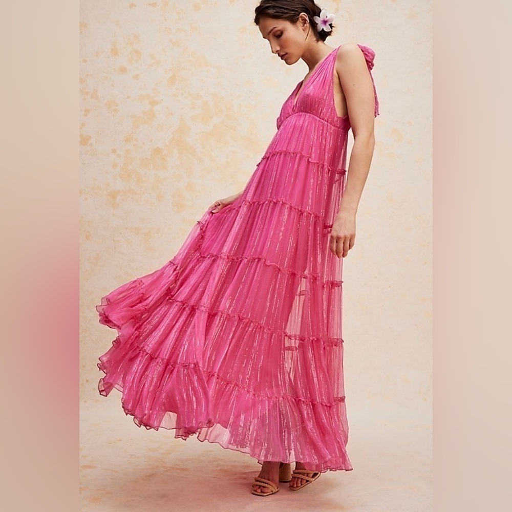 NWT Free People One Party Pink Milani Tiered Sparkle Plunge V Neck Maxi Dress XS